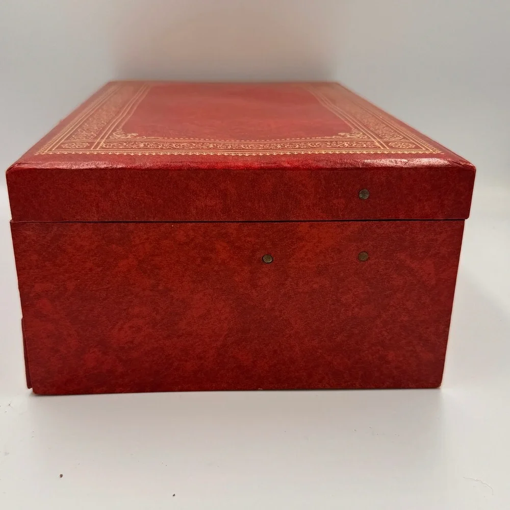 Vintage Red Faux Leather Jewelry Box Gold Filigree 3-Tier Cantilever Drawer